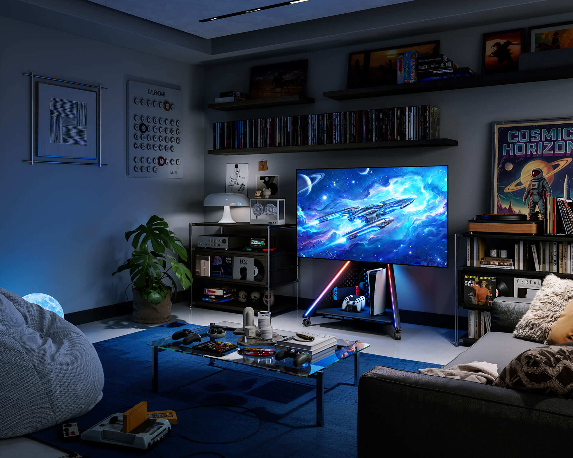 TV Ständer im Wohnzimmer-Gaming-Bereich, höhenverstellbar und stabil für TV 32–65 Zoll