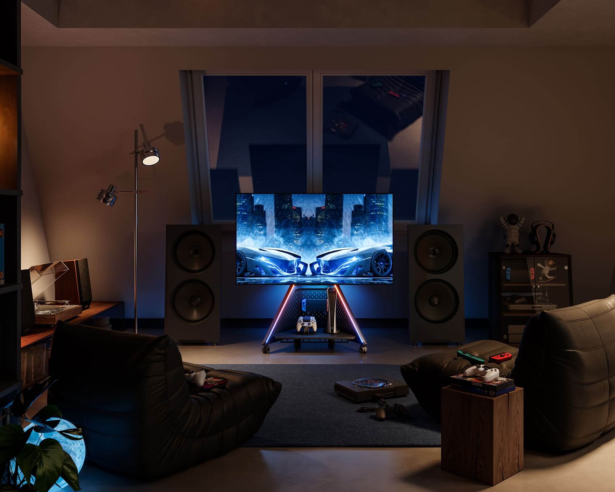 Fernsehständer für TV 32–65 Zoll im Dachboden-Gaming-Zimmer, robustes Design mit Rollen