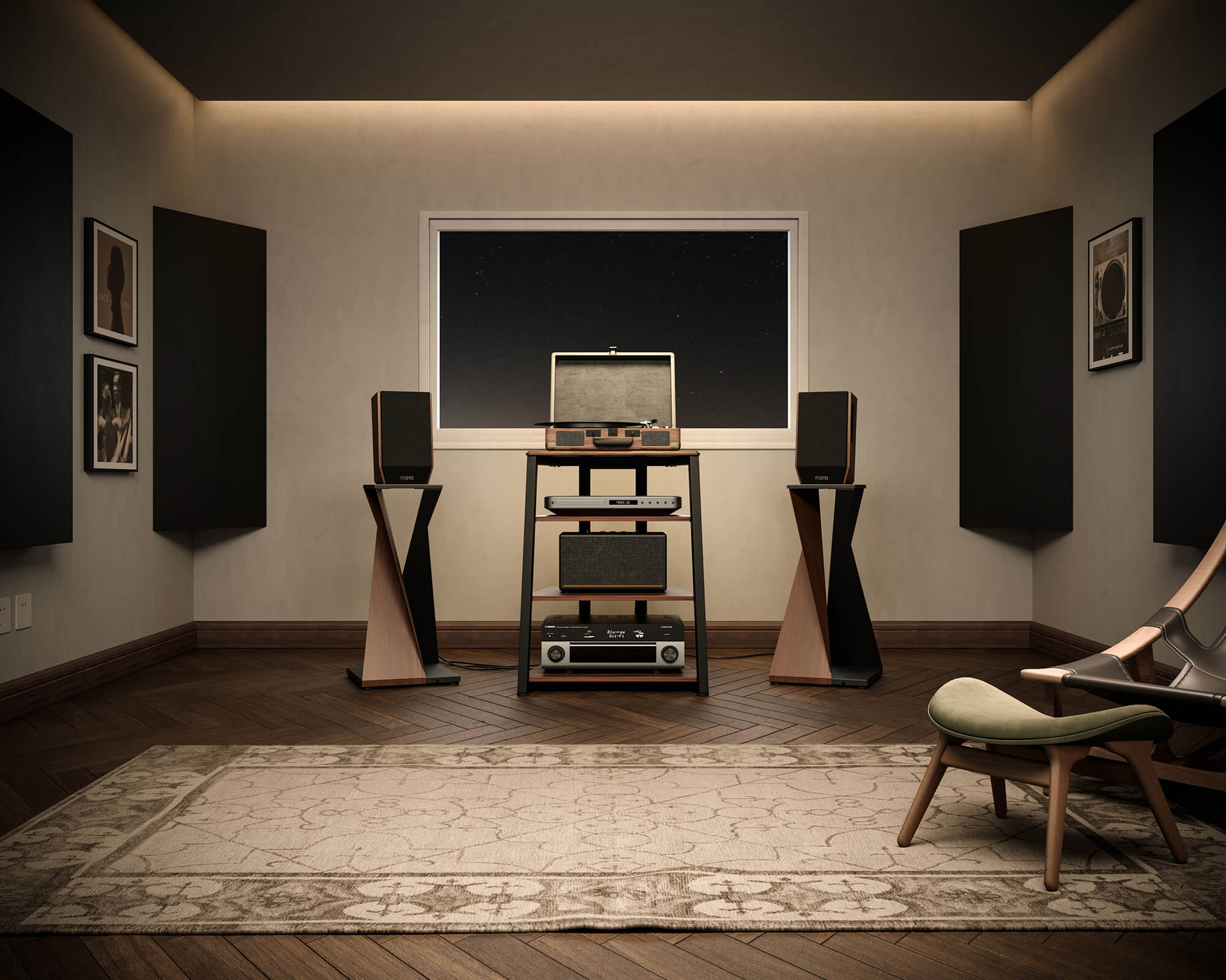 Estantería HiFi de varios niveles en la sala de escucha con amplificador, reproductor de CD y tocadiscos.