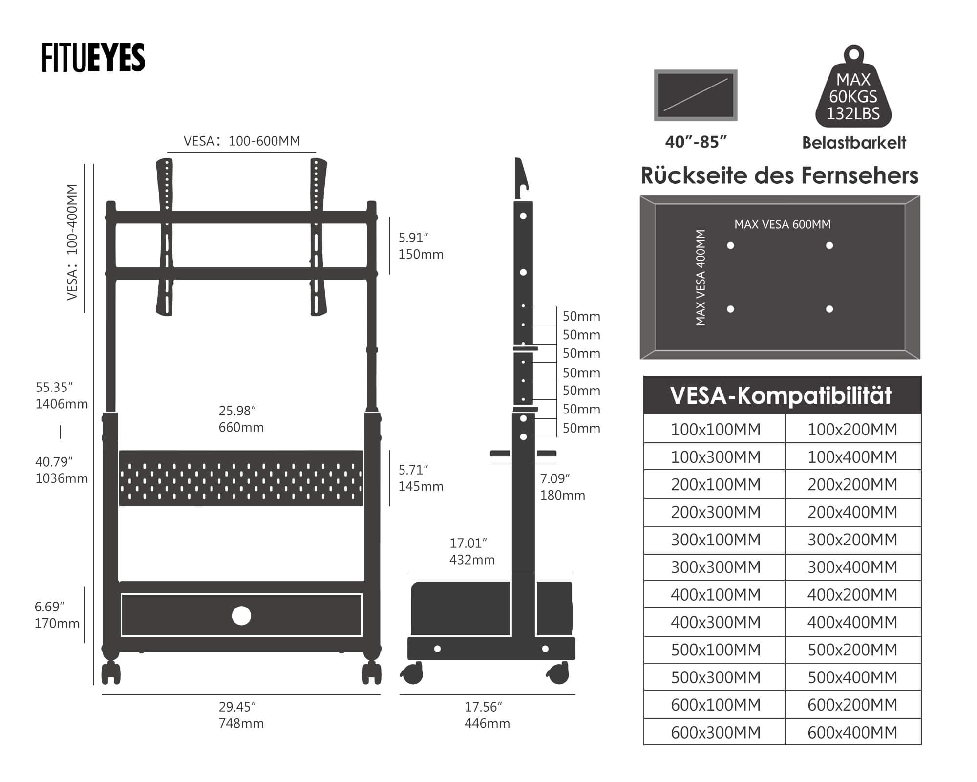 Abmessungen und Spezifikationen: Mobiler TV Wagen für 40-85 Zoll