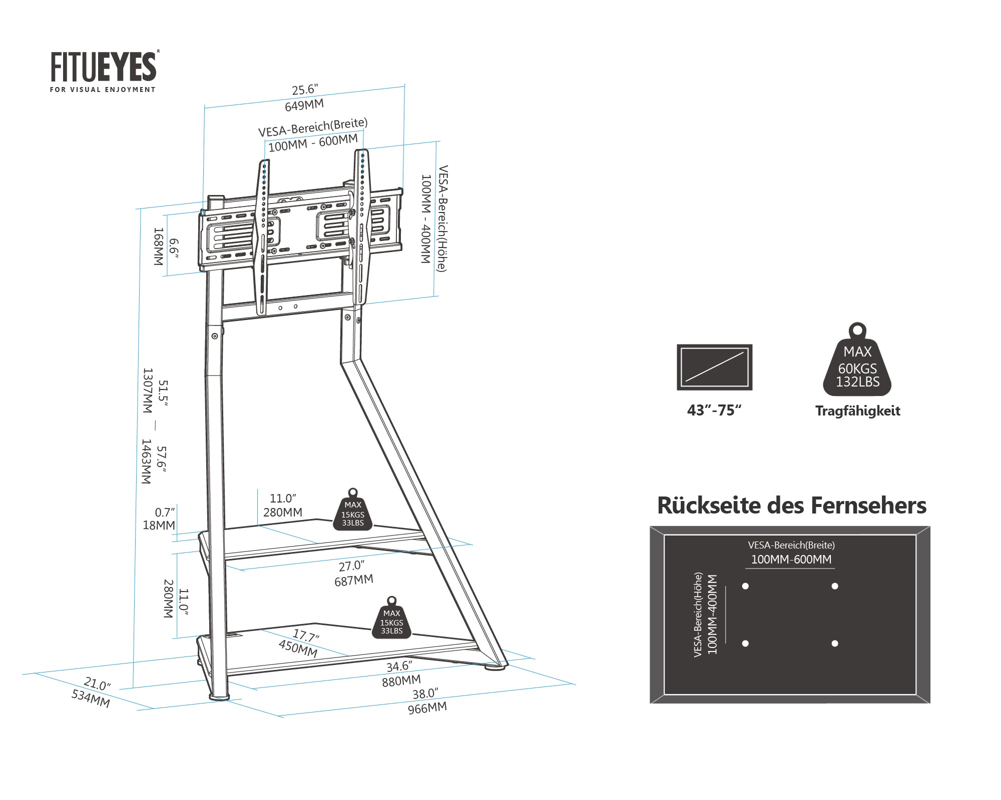 Eiffel FT75 fernseher ständer Größentabelle