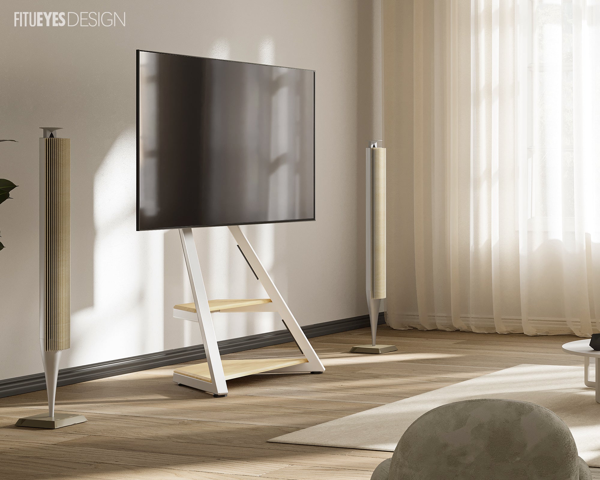 TV-Ständer in natürlicher Holzfarbe im Wohnzimmer