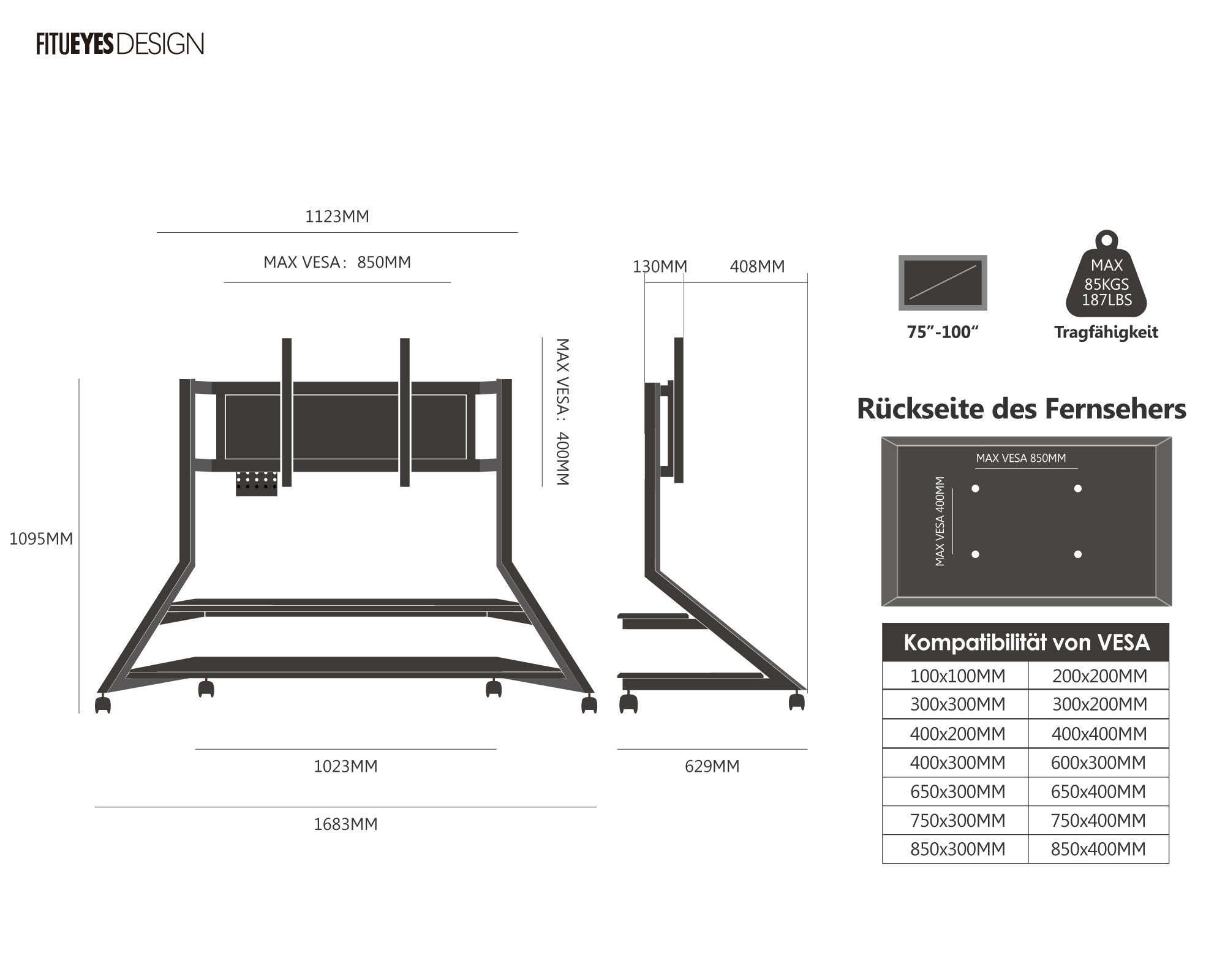 Boden-TV-Ständer auf Rädern VESA-Diagramm