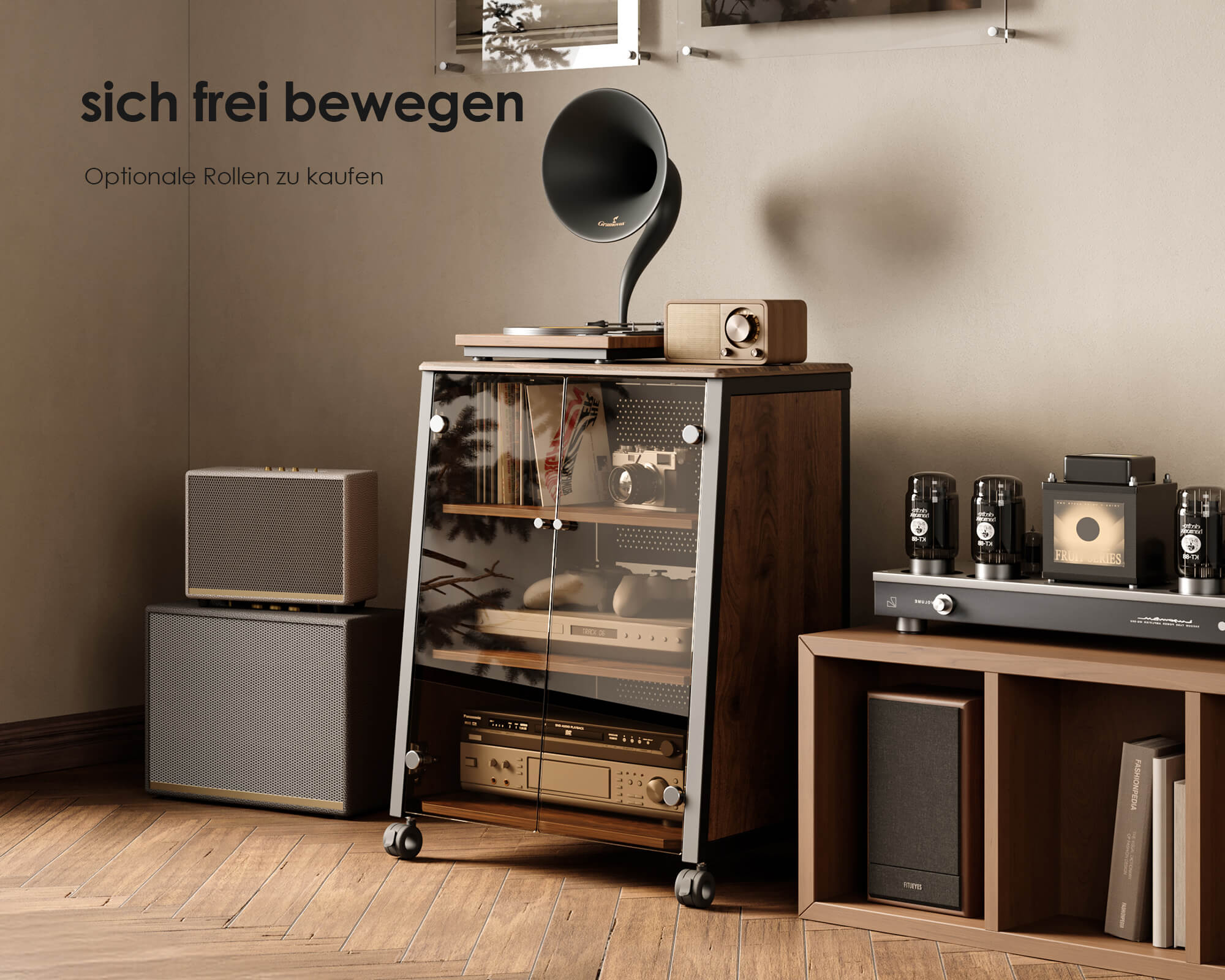 Plattenspieler-Tisch mit Tür und Rädern