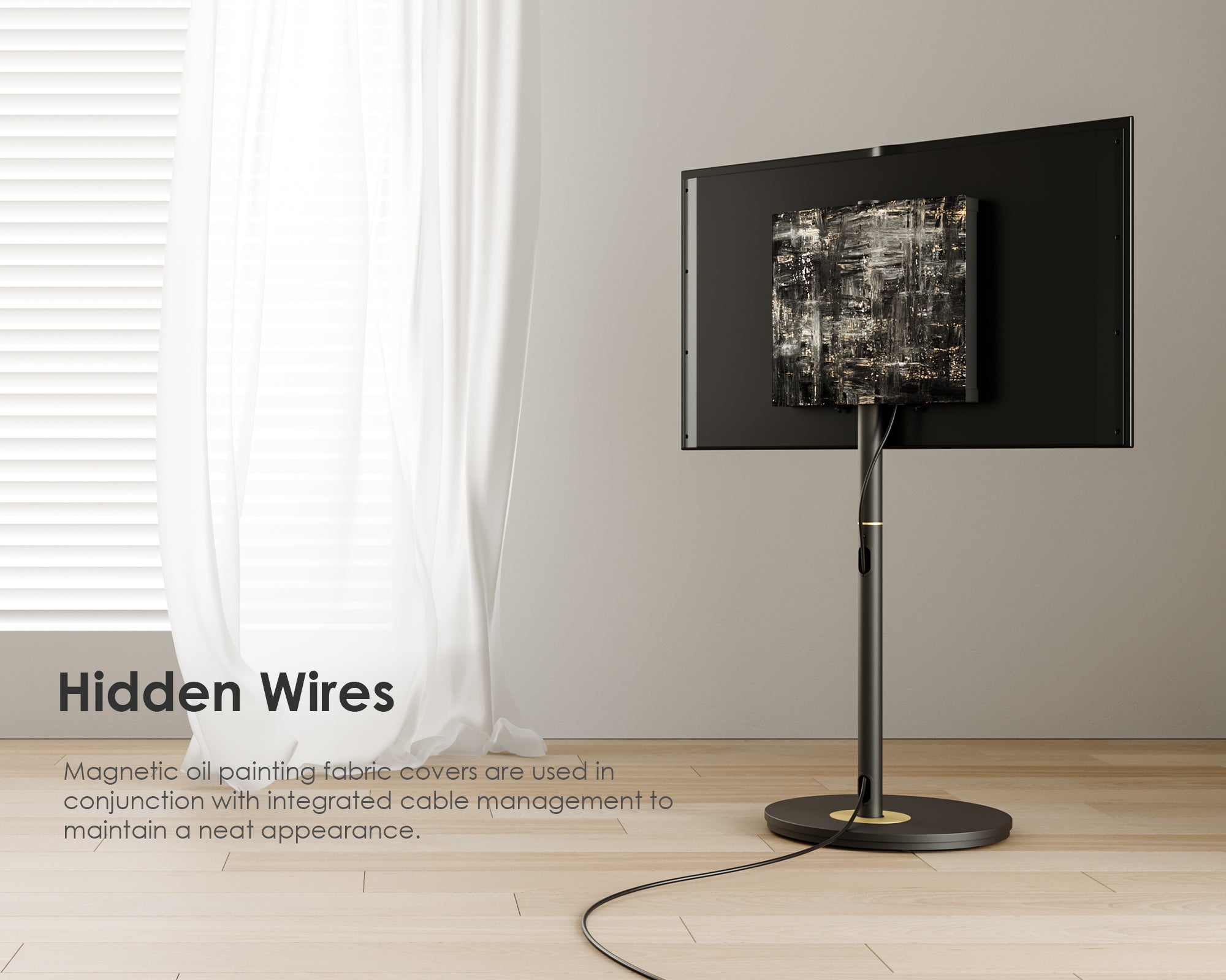 Schwarzer Fernseh-Standfuß mit Kabelmanagement