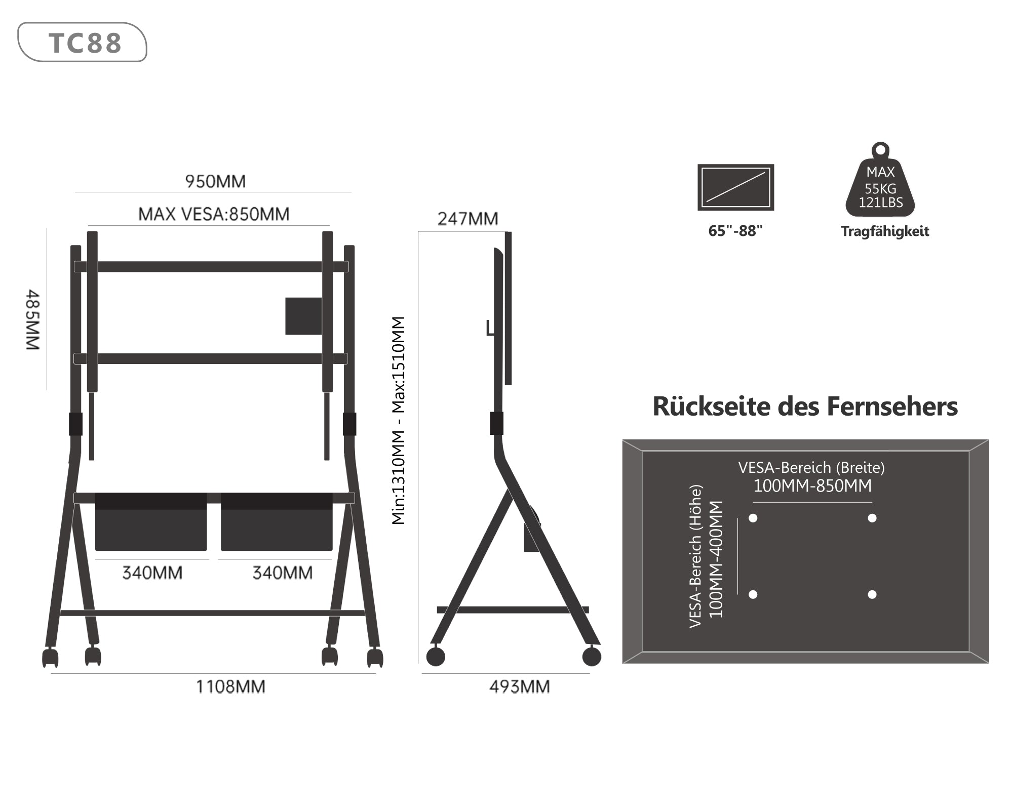 Collector TC88 Support TV à Roulettes