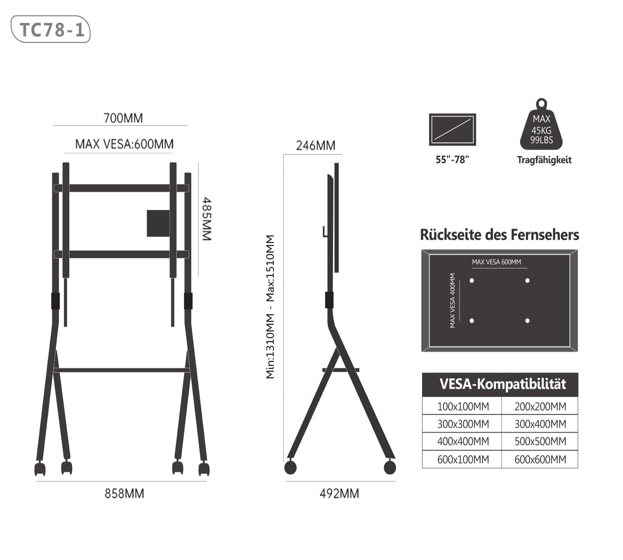 Collector TC78 Floor TV Stand with Wheels