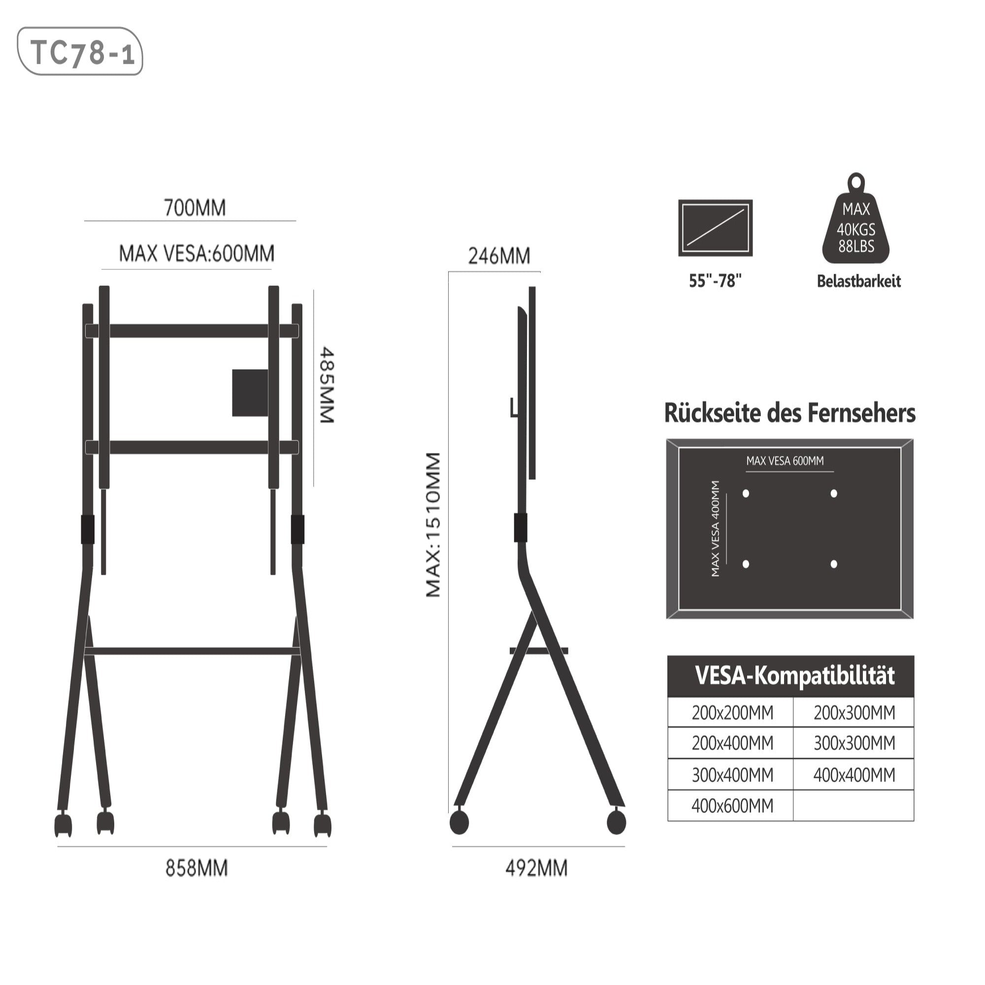 Collector TC78 Floor TV Stand with Wheels