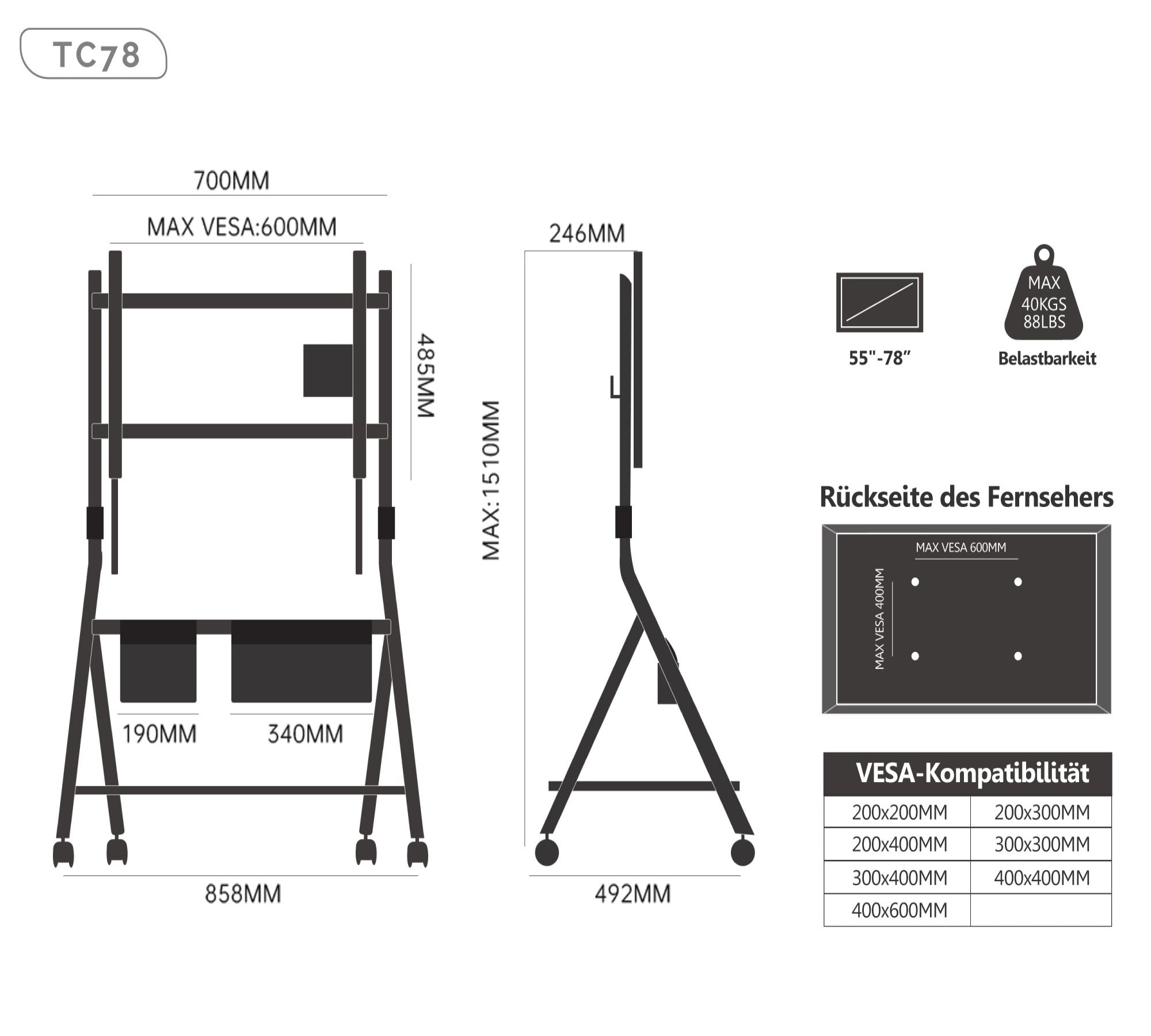Collector TC78 Floor TV Stand with Wheels