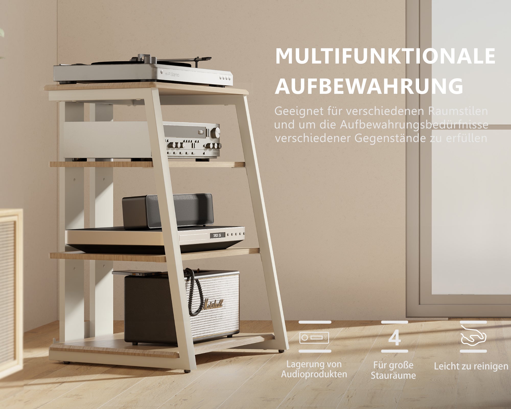 Naturfarbene HIFI-Racks mit integriertem Stauraum