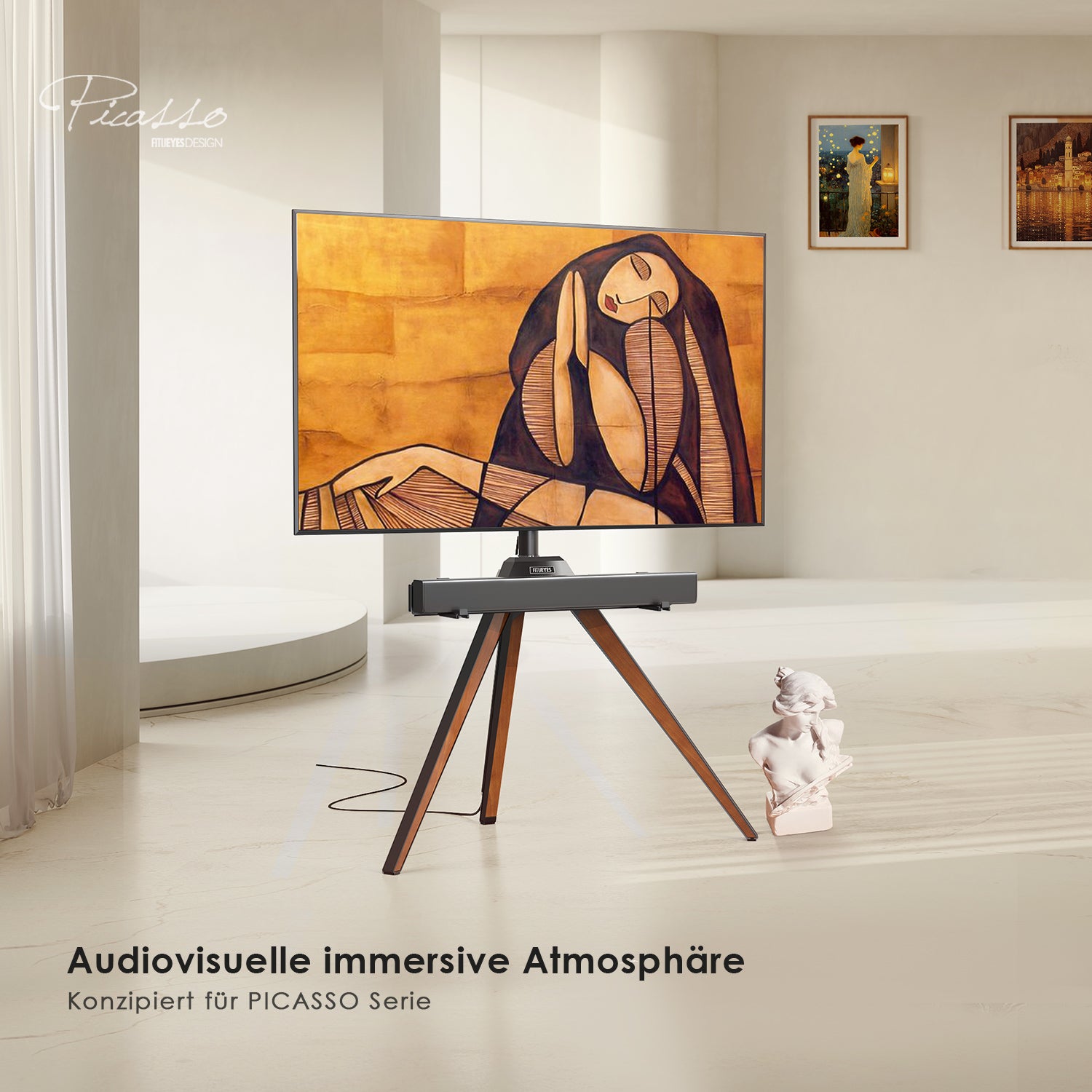 Picasso TV-Ständer mit schwarzer Soundbar-Halterung für Galerien und Ausstellungsräume