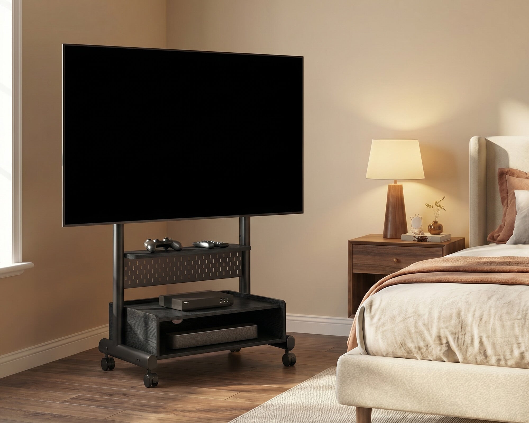 Schwarzer FITUEYES TV Ständer mit Rollen für ein gemütliches und modernes Schlafzimmer.