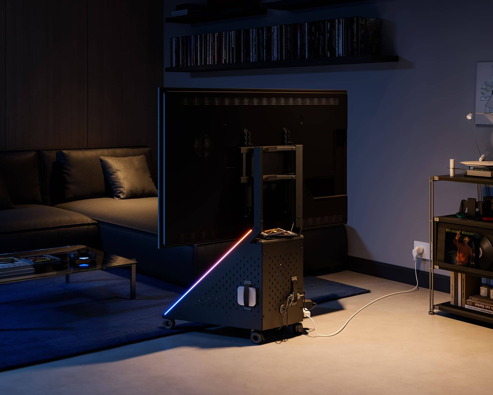 Support pour tv avec gestion intégrée des câbles pour un espace de jeu ordonné