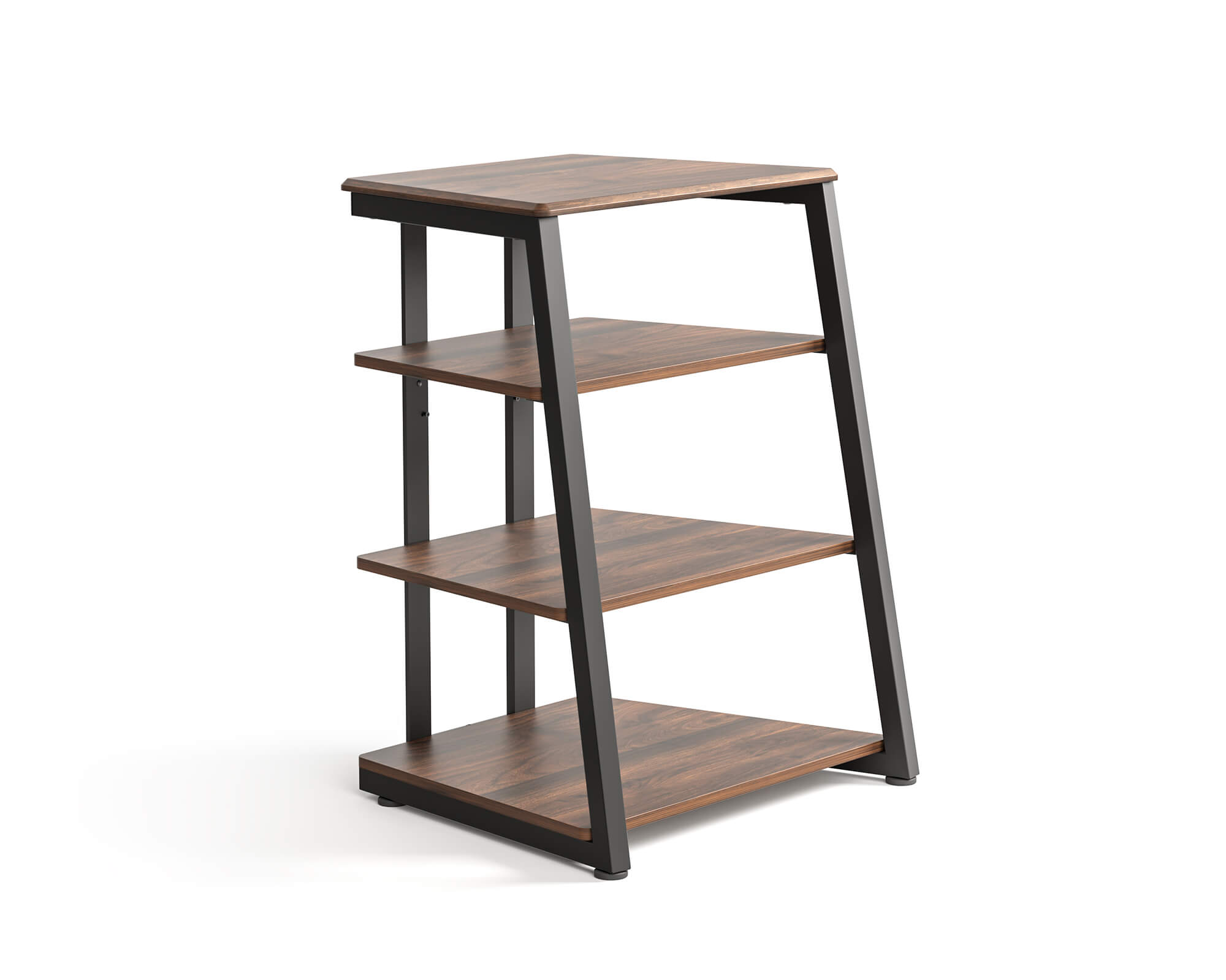 Mehrstöckiges HiFi Geräte-Rack mit offenen Ablagen für Verstärker, Plattenspieler und Audiozubehör.