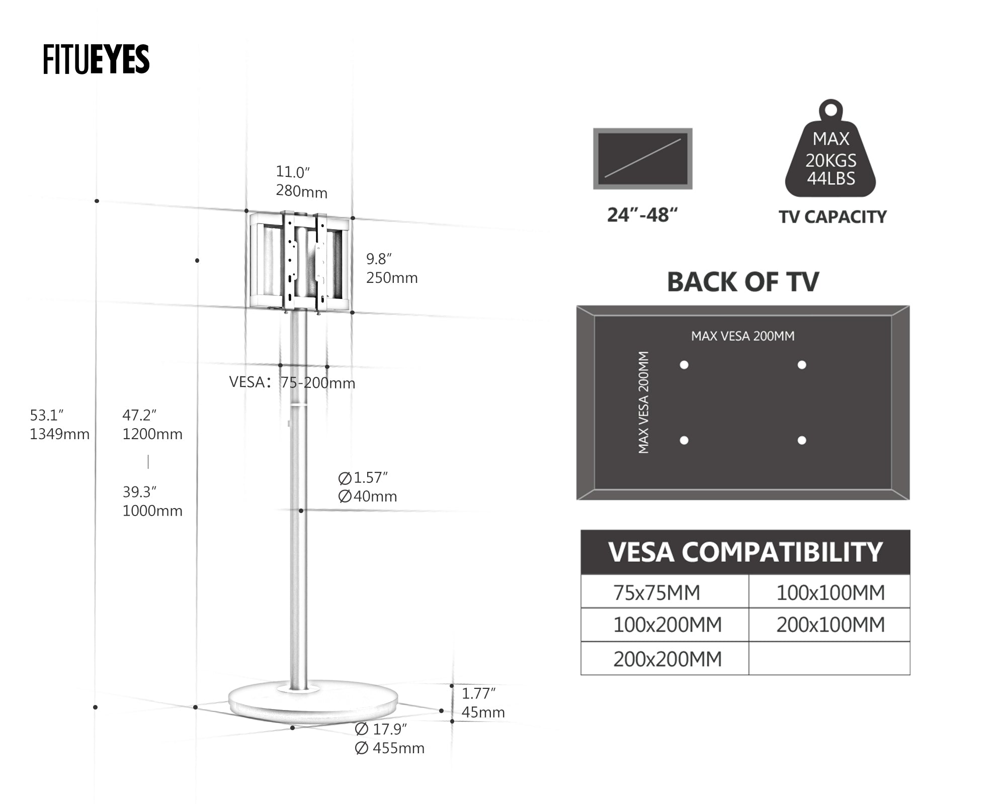 Master V2 FT48 Supporto tv da terra con ruote