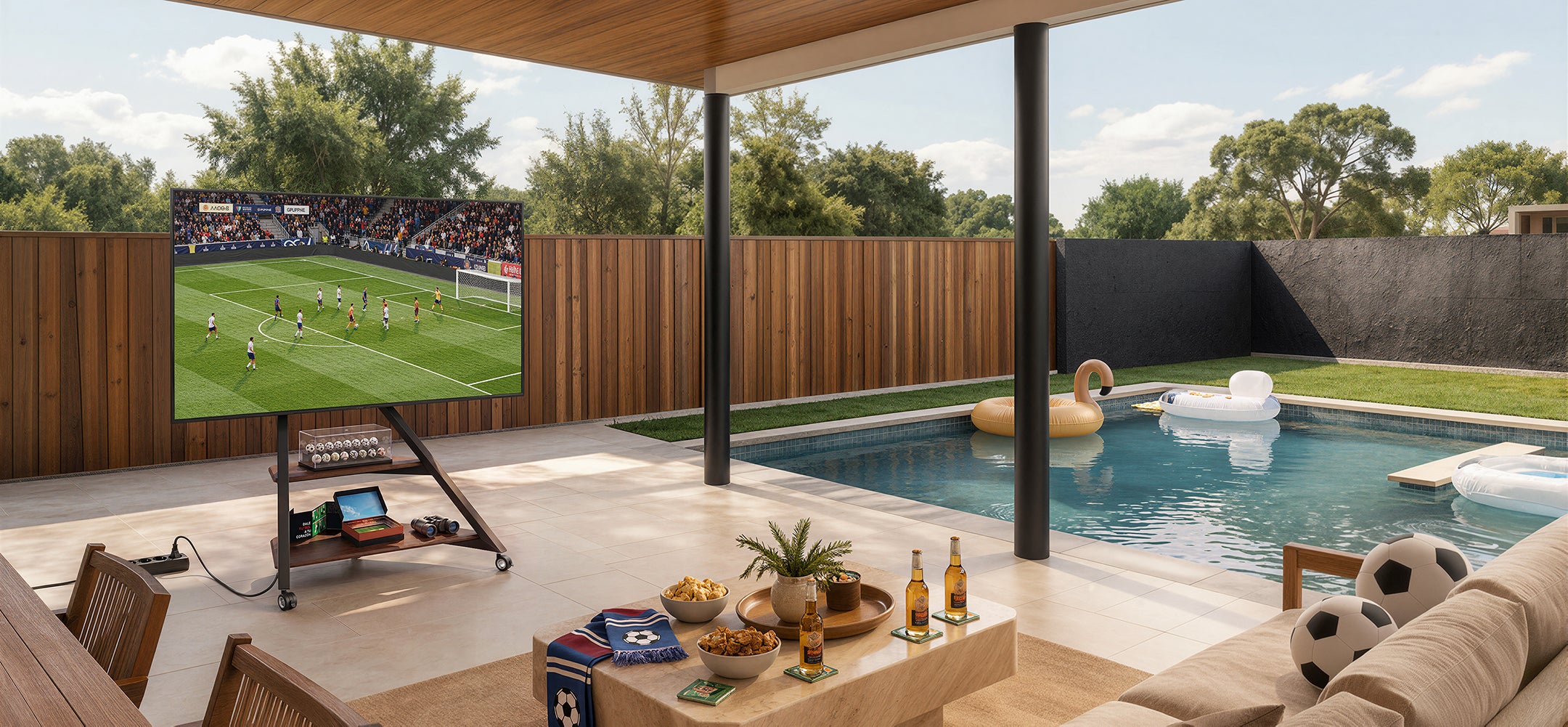 Eiffel tragbarer TV-Ständer für den Außenbereich FIFA FITUEYES Am Pool