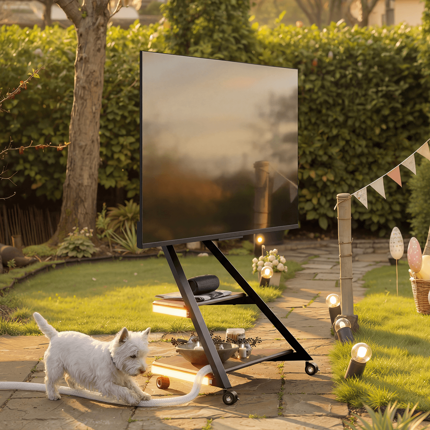 FITUEYES Outdoor TV Stander Eiffel mit Kabelmengement und Rollen