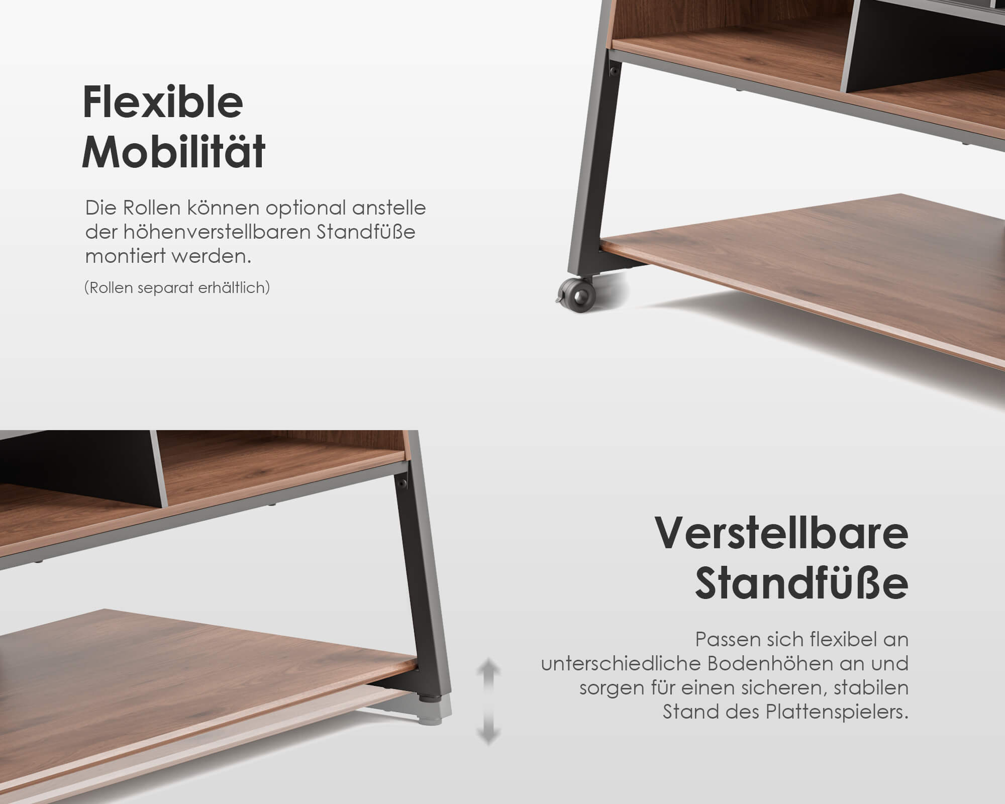 Auf Rädern montierte und höhenverstellbare Schallplattenständer