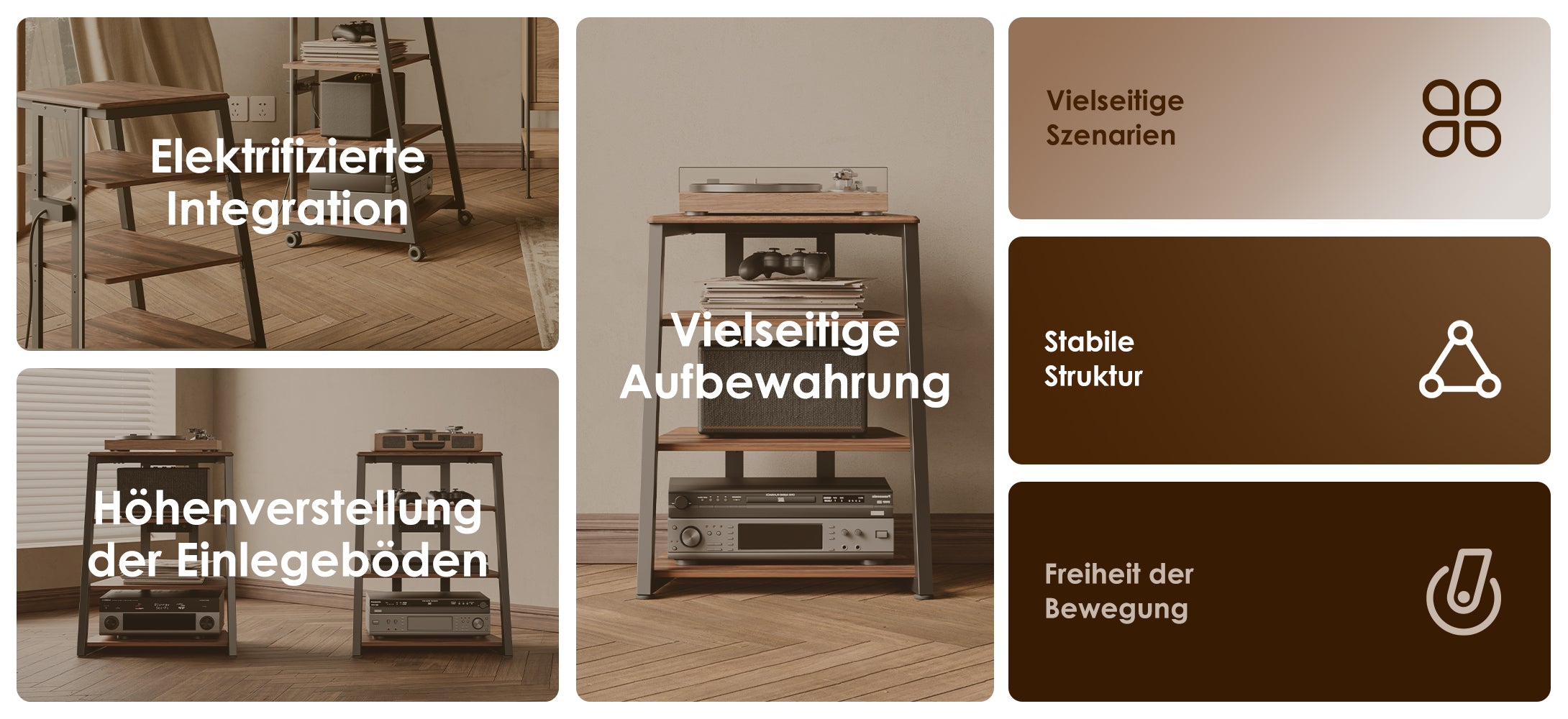 LED Audio Rack mit Rollen und höhenverstellbarem Ablagen Funktionsdiagramme
