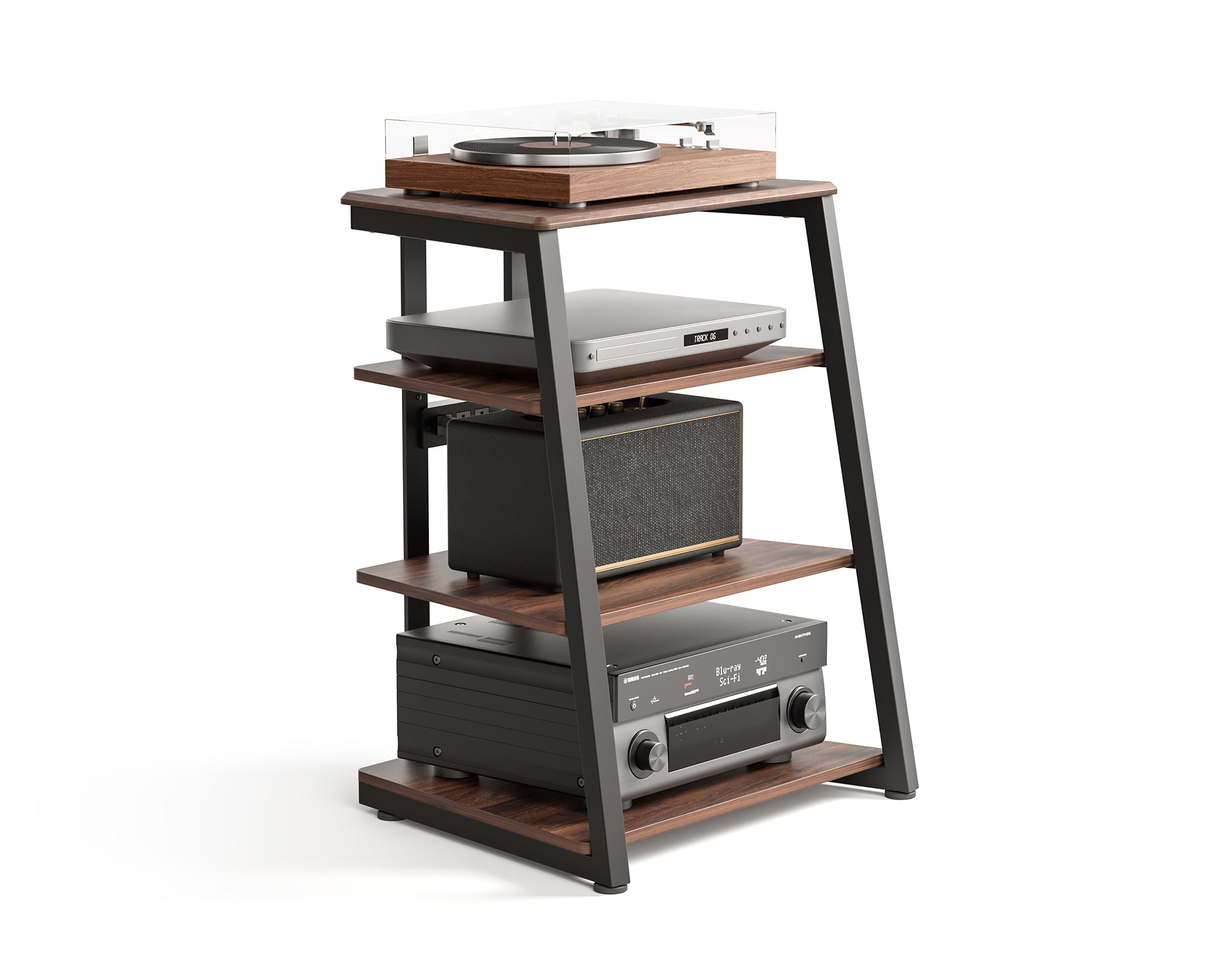 Walnussfarbenes Audio Rack mit LED-Leiste und Steckdosen