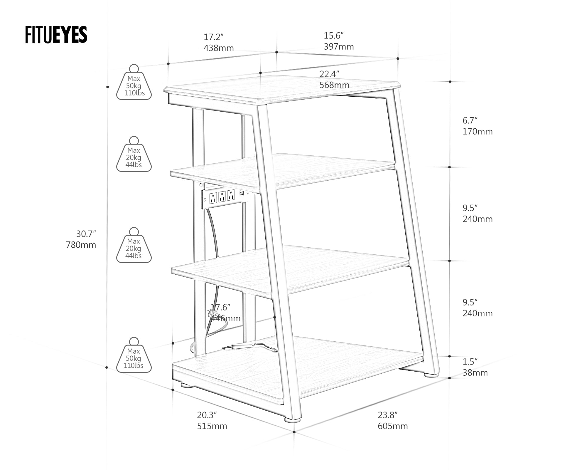 Maßzeichnung eines Audio Rack mit Steckdose