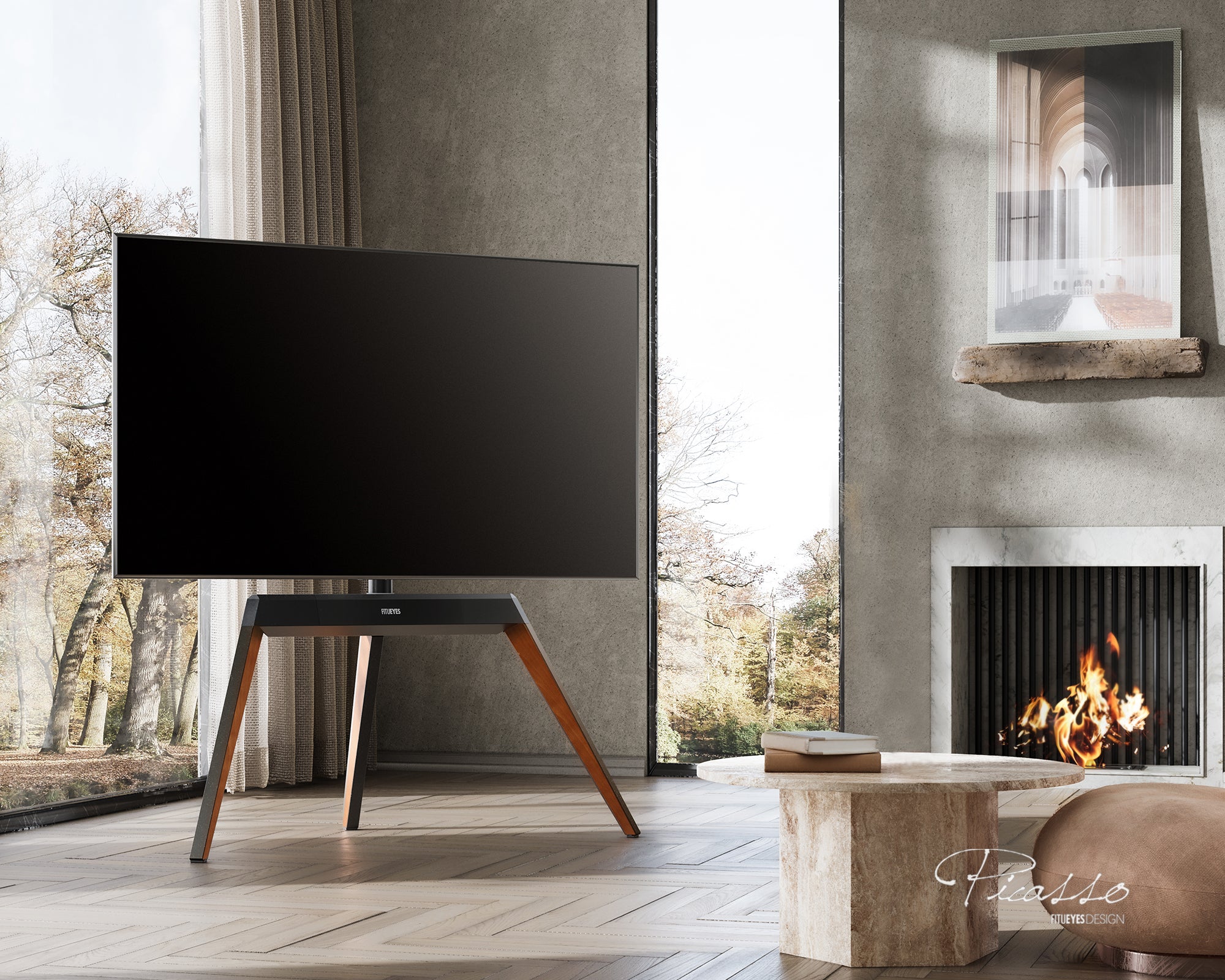 TV-Ständer aus Buchenholz mit Aluminiumrahmen im modernen Wohnzimmer