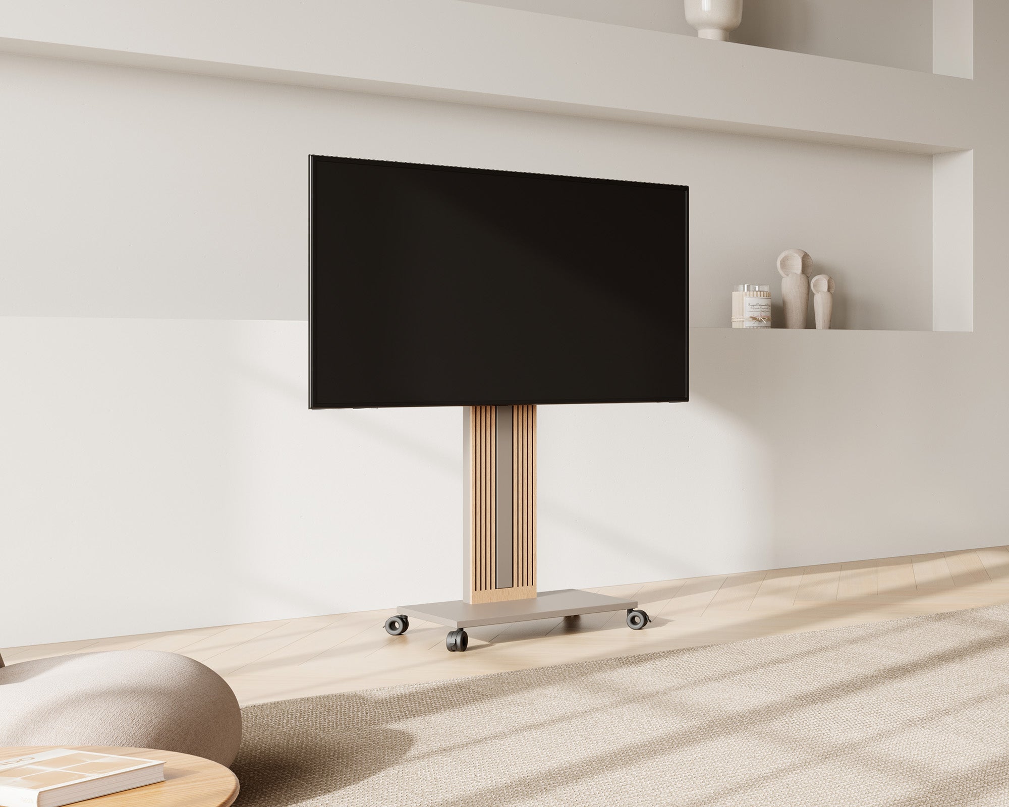 Wohnzimmer-TV-Ständer mit Universalrollen in der Farbe Kamel
